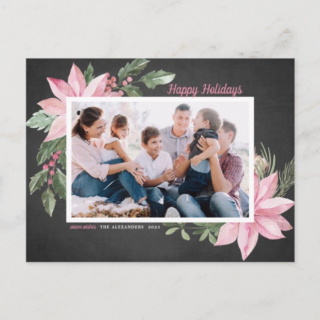 Pink Poinsettias Chalkboard Happy Holidays Photo Holiday Postcard (Front)