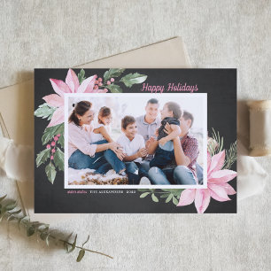 Pink Poinsettias Chalkboard Photo Happy Holidays Holiday Card