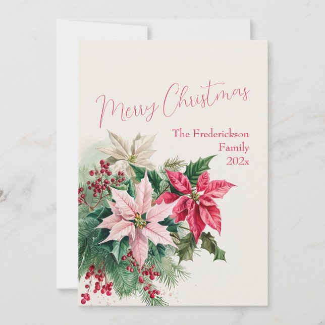 Pink Poinsettias Elegant Christmas Card (Front)
