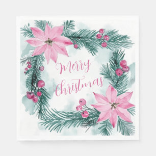 Pink Poinsettias Floral Christmas Paper Napkin
