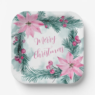 Pink Poinsettias Floral Christmas Paper Plate