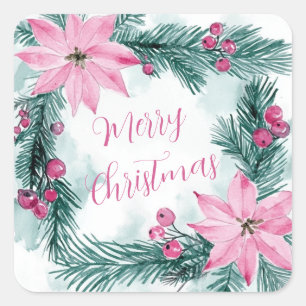 Pink Poinsettias Floral Christmas Square Sticker