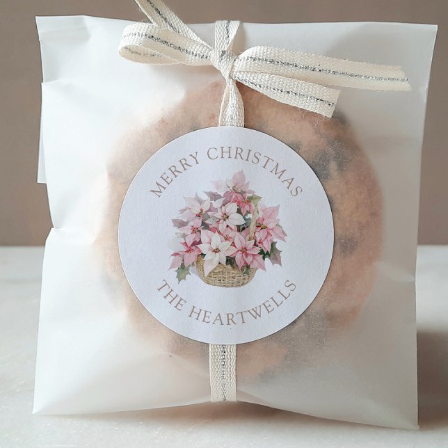 Pink Poinsettias Personalised Merry Christmas Classic Round Sticker (Creator Uploaded)