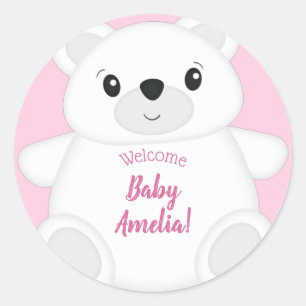 Pink Polar Bear Baby Shower Classic Round Sticker