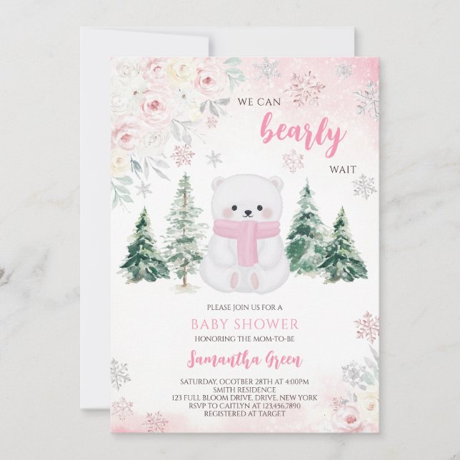Pink Polar Bear Baby Shower Invitation (Front)