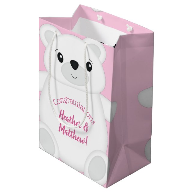 Pink Polar Bear Baby Shower Medium Gift Bag (Back Angled)