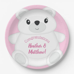 Pink Polar Bear Baby Shower Paper Plate