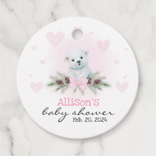 Pink Polar Bear Cub Girl Hearts Winter Baby Shower Favour Tags