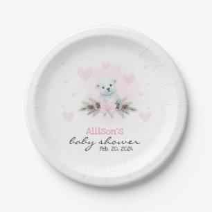 Pink Polar Bear Cub Girl Hearts Winter Baby Shower Paper Plate