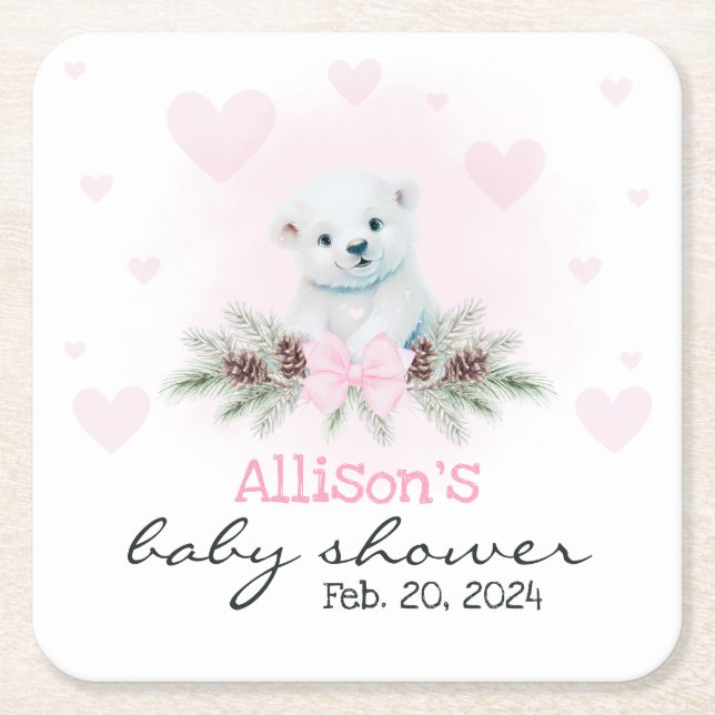 Pink Polar Bear Cub Girl Hearts Winter Baby Shower Square Paper Coaster (Front)