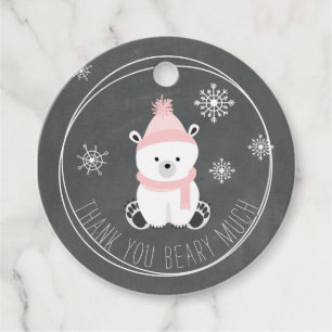 Pink Polar Bear Snowflakes Chalkboard Baby Shower Favour Tags