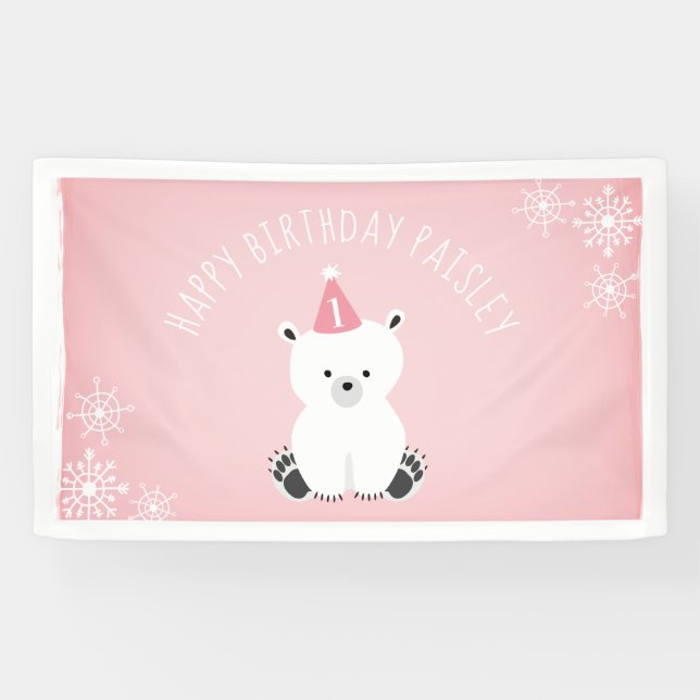 Pink Polar Bear Winter Onederland 1st Birthday Banner (Horizontal)