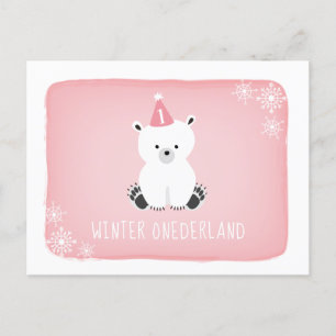 Pink Polar Bear Winter Onederland First Birthday Invitation Postcard