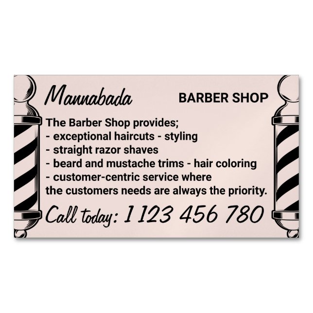 Pink pole barbershop barbering on the go barber 	Magnetic business card (Front)