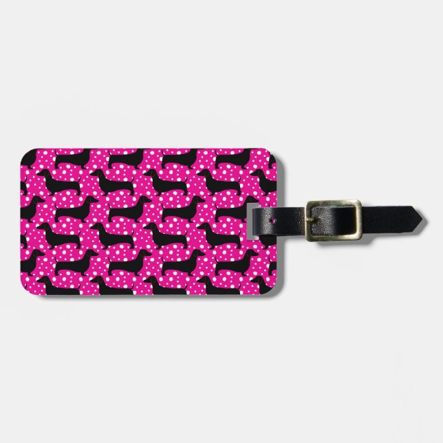 Pink Polka Dachshunds Luggage Tag (Front Horizontal)
