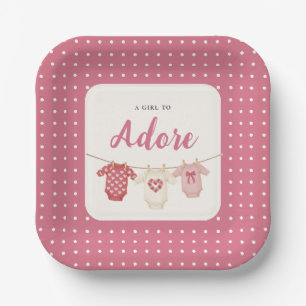 Pink Polka Dot "A Girl to Adore" Baby Shower Paper Plate