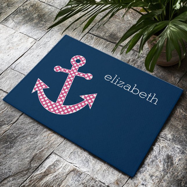 Pink Polka Dot Anchor with Navy Custom Name Doormat (Custom Welcome Doormat)