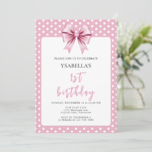 Pink Polka Dot and Bow First Birthday Invitation