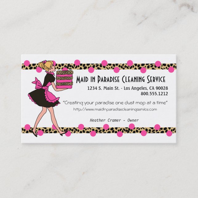 Pink Polka Dot And Leopard Cleaning Service Design Business Card (Front)