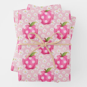 Pink Polka Dot Apple & Daisy Seamless Pattern Wrapping Paper Sheet