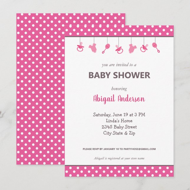 Pink Polka Dot Baby Girl Baby Shower Invitation (Front/Back)