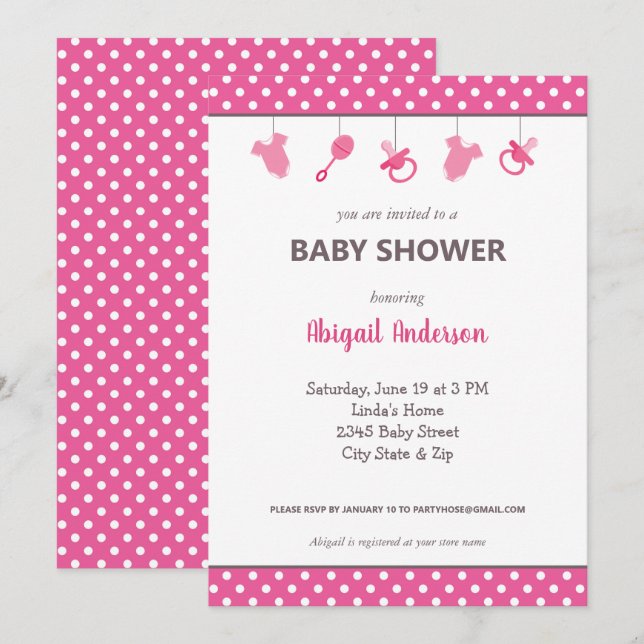 Pink Polka Dot Baby Girl Baby Shower Invitation (Front/Back)