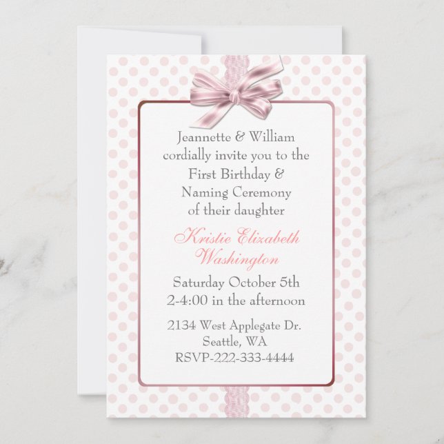 Pink Polka Dot Baby's Birthday and Naming Ceremony Invitation (Front)
