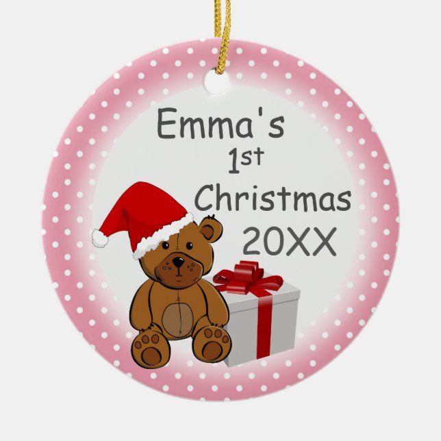 Pink Polka Dot Baby's First Christmas Custom Year Ceramic Tree Decoration (Front)