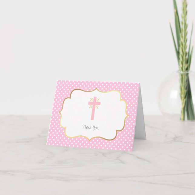 Pink Polka Dot Baptism Thank You Gold and Cross Card (Front)