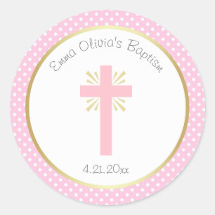 Pink Polka Dot Baptism with Cross and Gold Border Classic Round Sticker