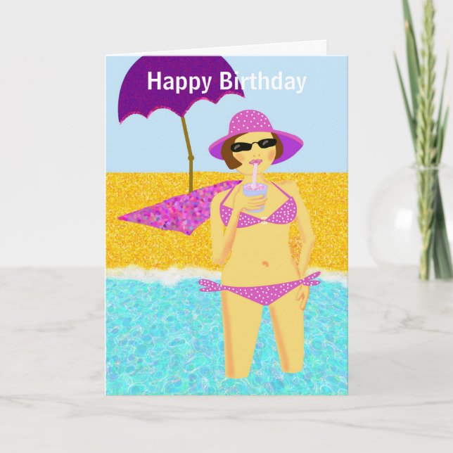 Pink polka dot bikini beach birthday girl card (Front)