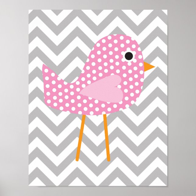 Pink Polka Dot Bird, Grey Chevron Bedroom, Nursery Poster (Front)