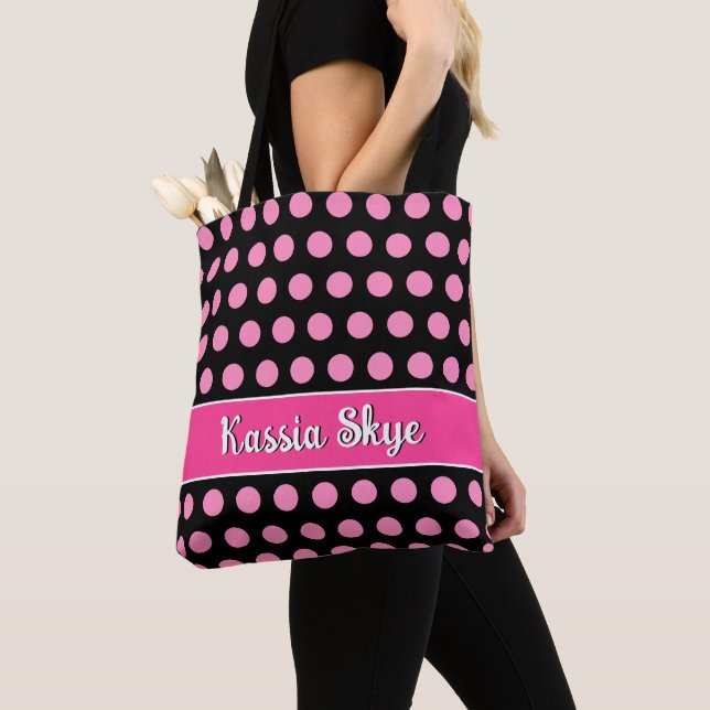 Pink Polka Dot Black Personalised Name Tote Bag (Close Up)