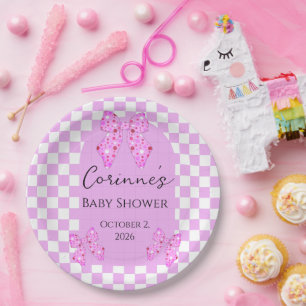 Pink polka dot bows gingham plaid baby shower paper plate