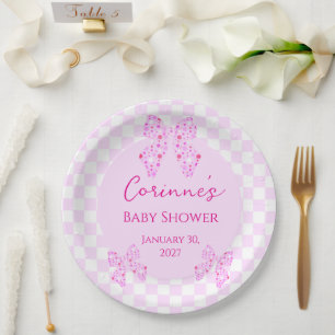 Pink polka dot bows gingham plaid baby shower paper plate