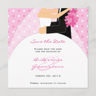 Pink Polka Dot Bride and Groom Save the Date Cards