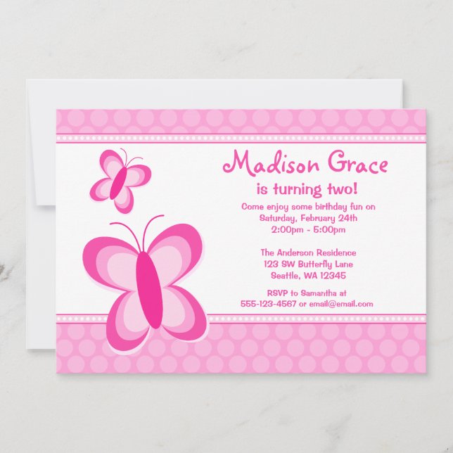 Pink Polka Dot Butterfly Birthday Invitation (Front)