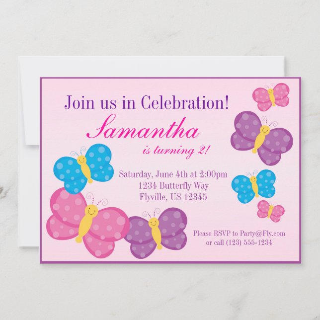 Pink Polka Dot Butterfly Birthday Party Invite (Front)