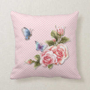 Pink Polka Dot Butterfly Roses Cushion