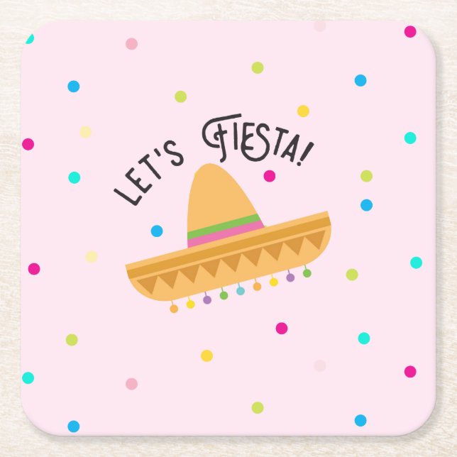 Pink Polka Dot Cinco de Mayo Let's Fiesta Square Paper Coaster (Front)