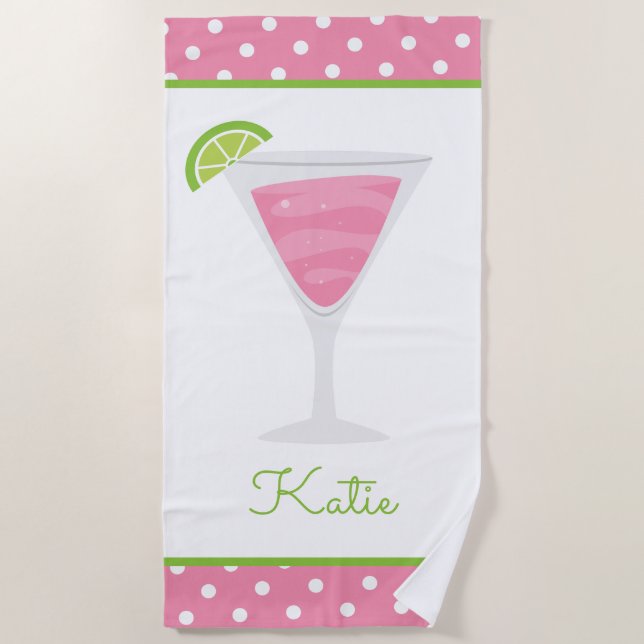 Pink Polka Dot Cocktail Personalised BeachTowel Beach Towel (Front)