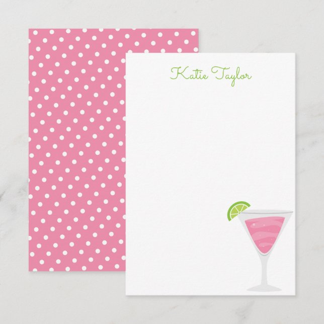 Pink Polka Dot Cocktail Personalised Note Cards (Front/Back)