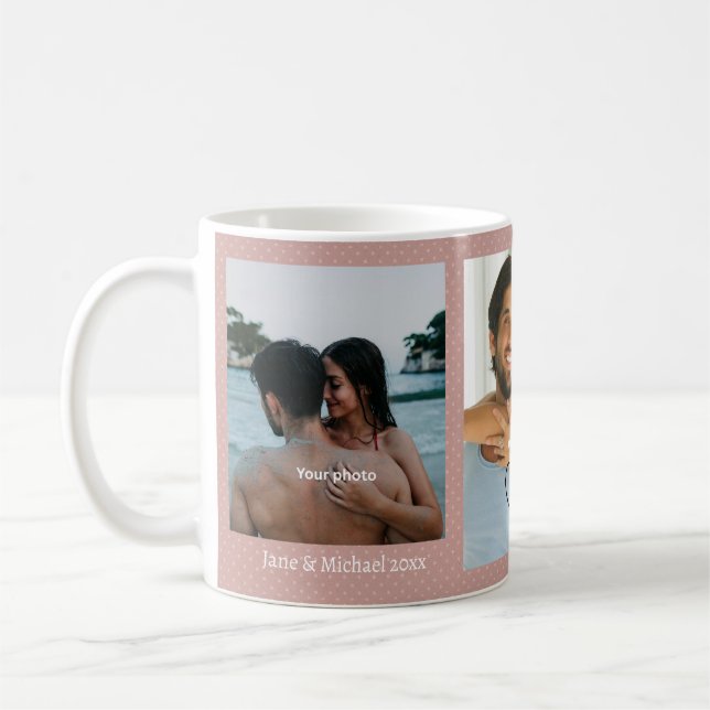 Pink Polka Dot Couple Photo Pink Love Hearts Mug (Left)