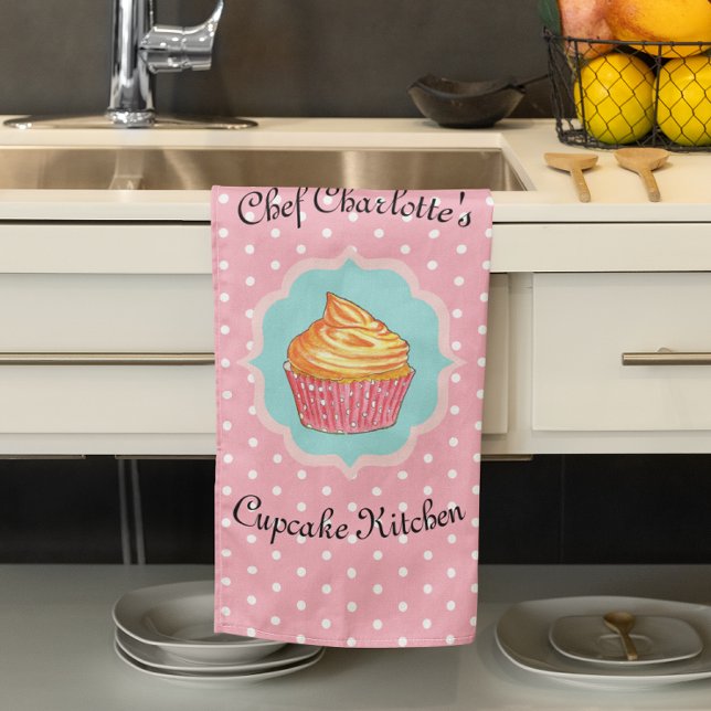 Pink Polka Dot Cupcake Kitchen Personalised Tea Towel (Creator Uploaded)