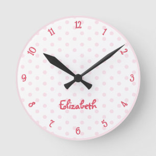 Pink Polka Dot Custom Name Girls Kids Room Nursery Round Clock