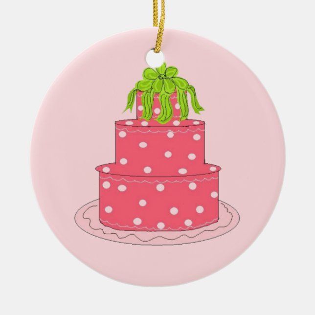 Pink Polka Dot Designer Cake Ceramic Tree Decoration (Front)