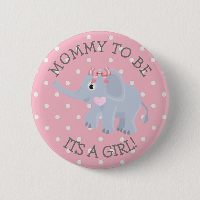Pink Polka Dot Elephant Its a Girl Baby Shower Pin (Front)