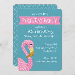 Pink Polka Dot Flamingo Birthday Invitation