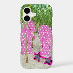 pink polka dot flip-flops with sunglasses