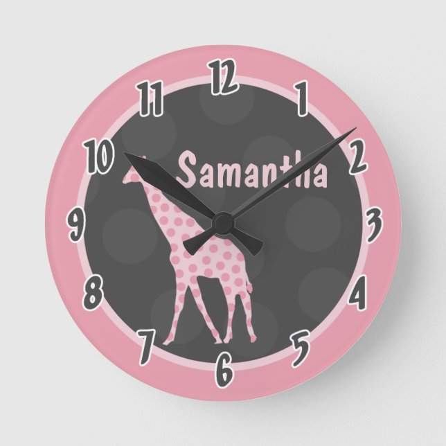 Pink Polka Dot Giraffe Jungle Personalised Clock (Front)